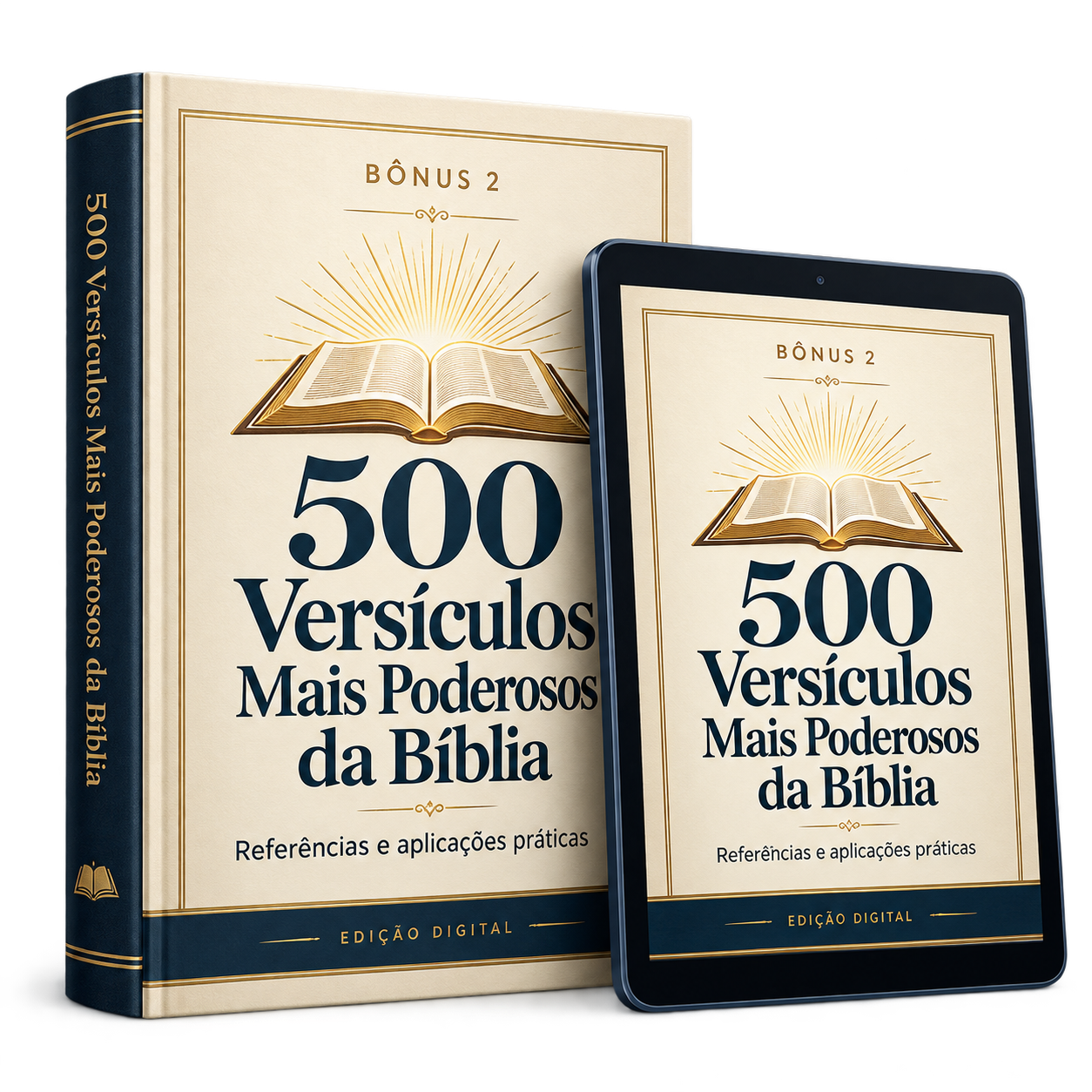 Mockup do bônus 500 Versículos Poderosos em livro e tablet