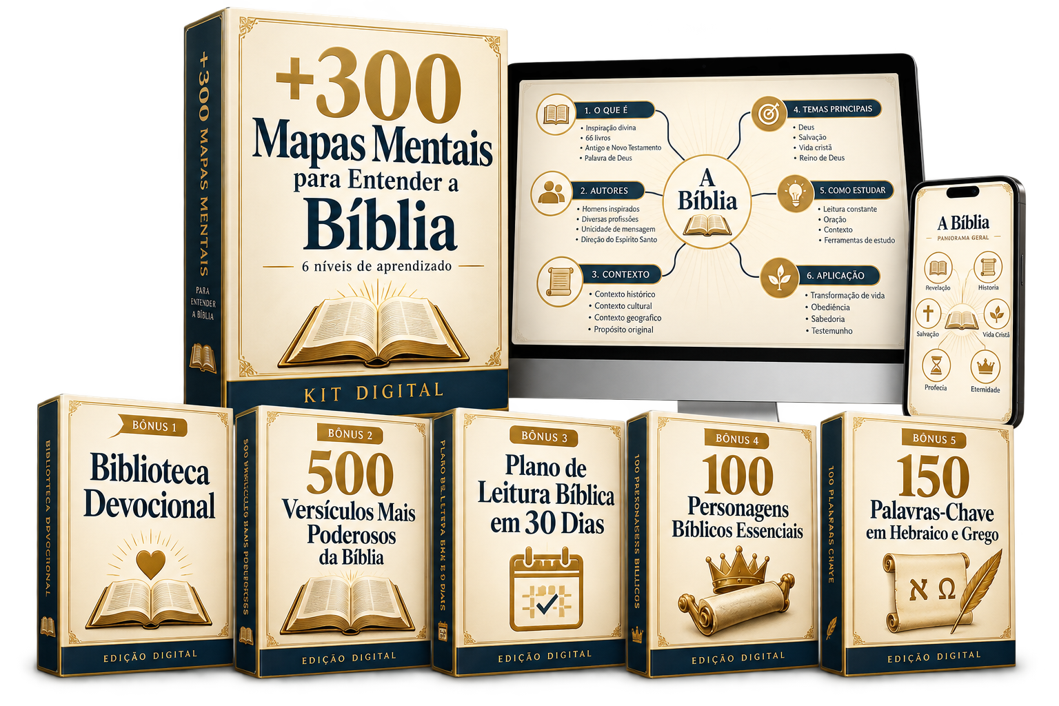 Kit digital +300 Mapas Mentais para Entender a Bíblia com cinco bônus, mostrado em livro, computador e celular
