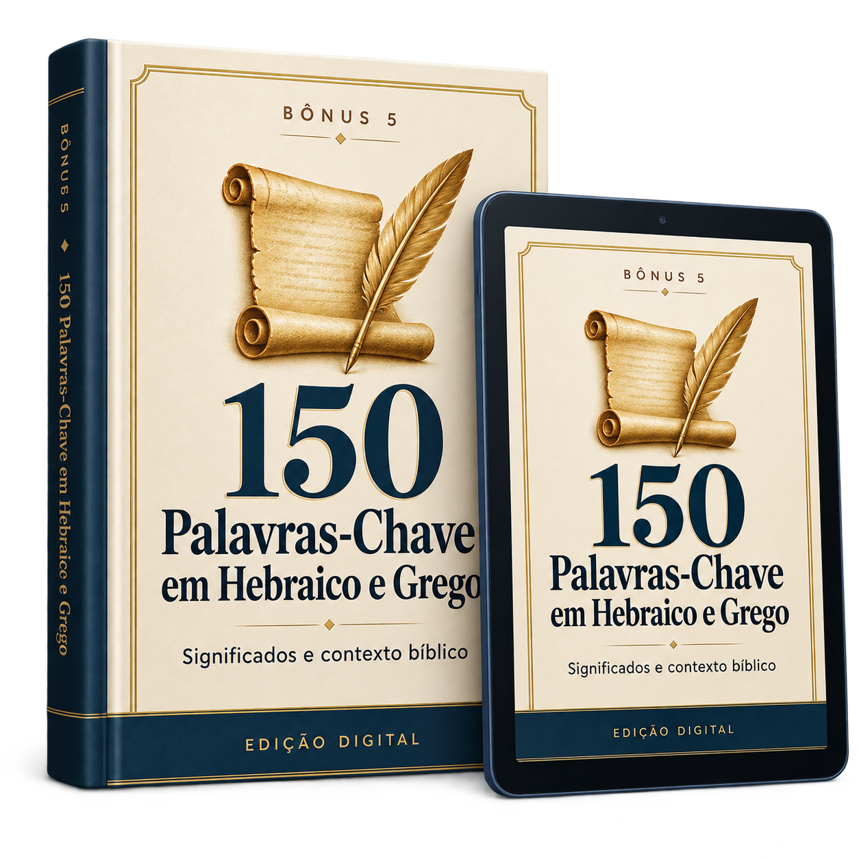 Mockup do bônus 150 Palavras em Hebraico e Grego em livro e tablet