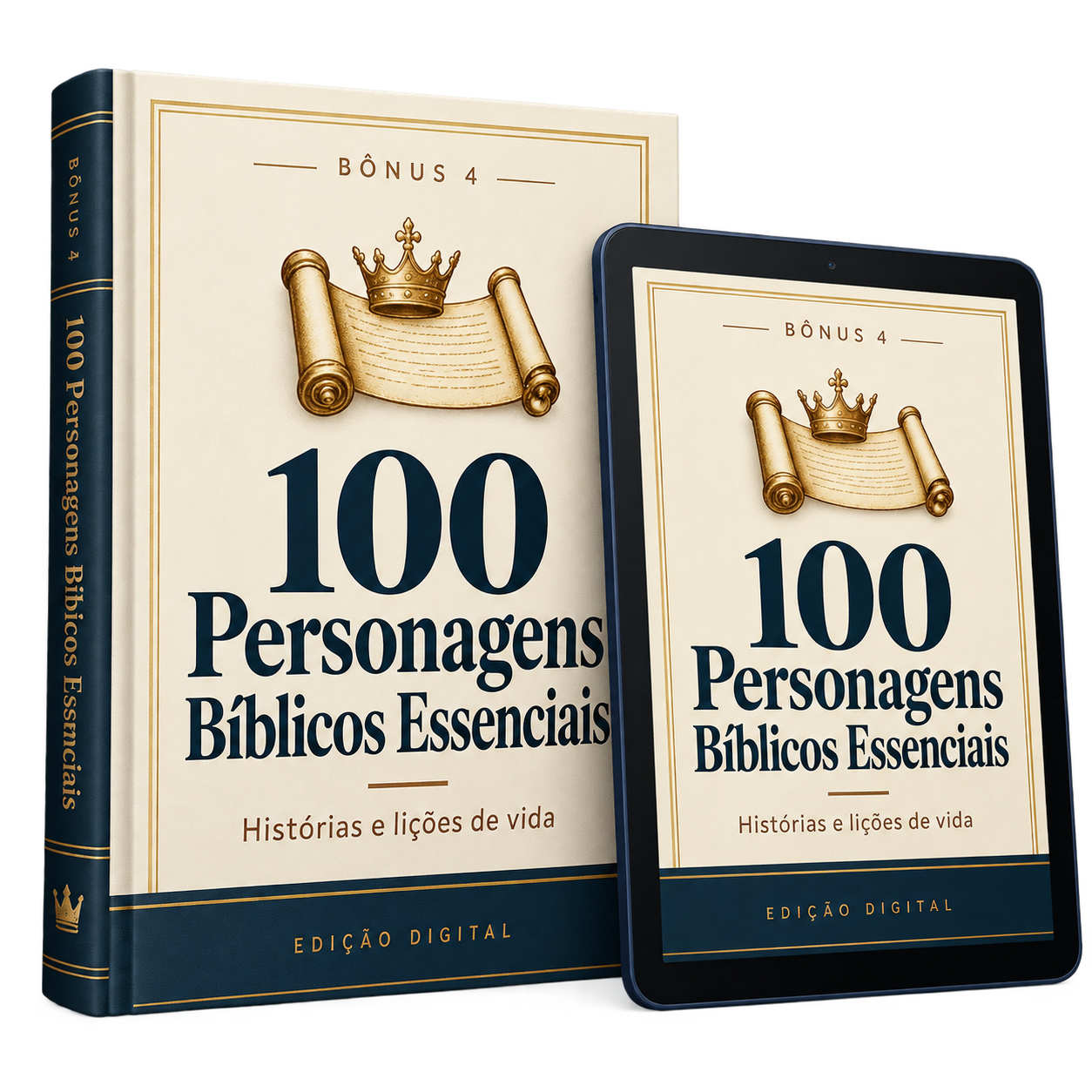 Mockup do bônus 100 Personagens Bíblicos em livro e tablet