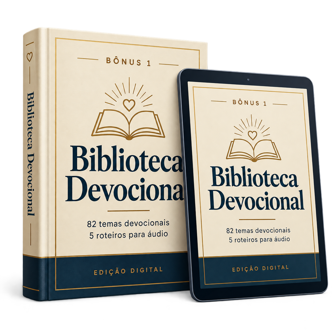 Mockup do bônus Biblioteca Devocional em livro e tablet