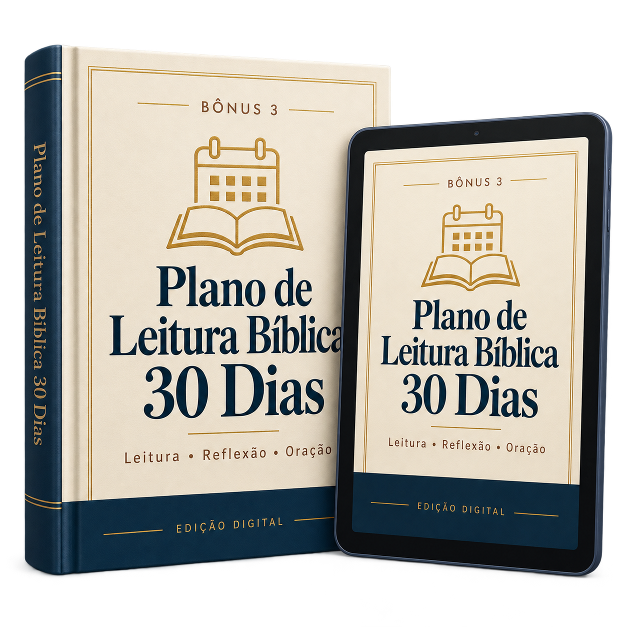 Mockup do bônus Plano de Leitura em 30 Dias em livro e tablet